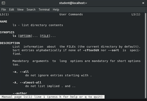 image of output of 'man ls' command in terminal